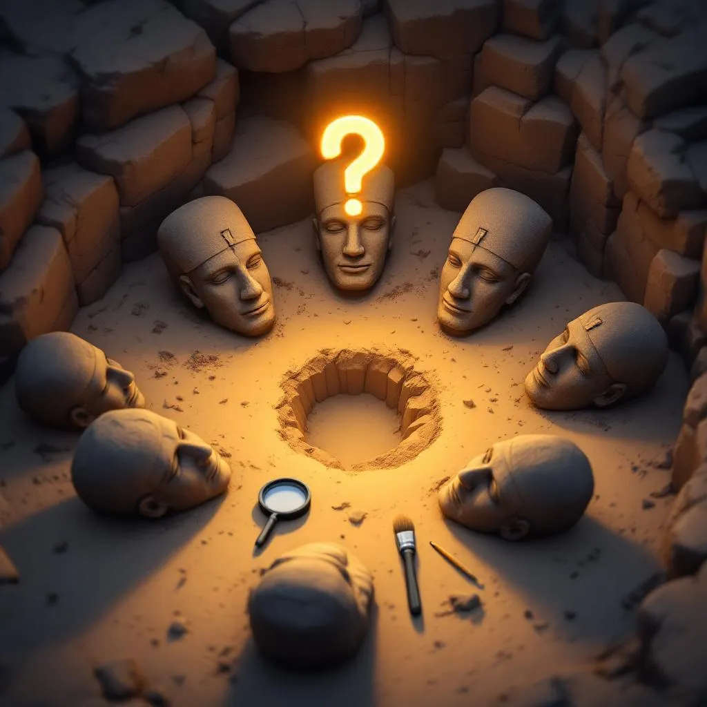 Bird’s-eye view of Mount Nemrut with giant stone heads arranged in a semi-circle, partially buried. Add an archaeological brush and magnifying glass placed near one head to suggest discovery. Include a glowing question mark above the statues. Text: “Ancient Mystery Uncovered!”