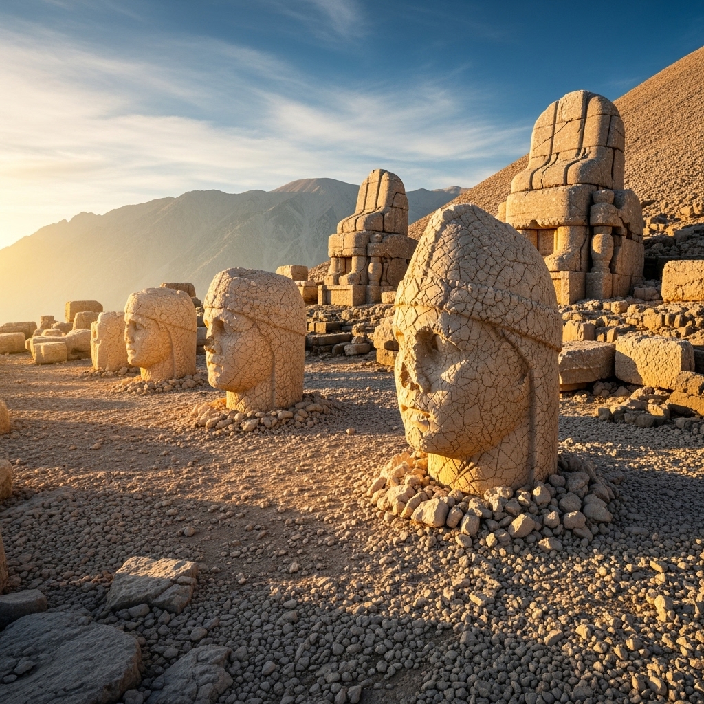 Realistic photo of ancient stone heads on Mount Nemrut, Turkey, taken at sunrise. The statues are weathered and cracked, partially buried in rocky ground. Golden sunlight casts long shadows across the gravel. The background shows the Taurus Mountains and a clear sky with warm tones. Natural lighting, no fantasy elements, historical documentary style.