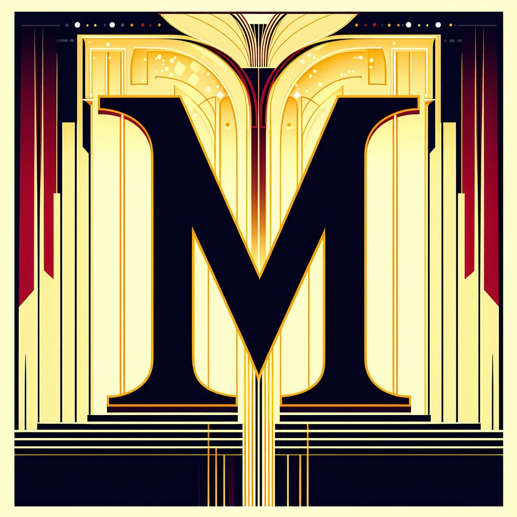 art deco background showcasing a stylized M for the name of a new york city nightclub of the 1930s