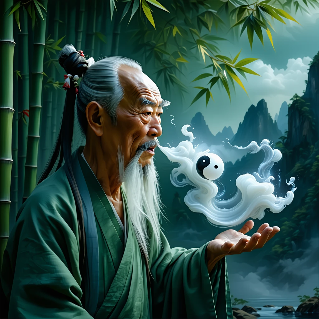 An old sage speaks gently by a bamboo grove; his breath forms flowing calligraphy in the wind.
A yin-yang symbol shimmers on his lips, blending with the breeze and mountain energy. cinematic, hyper realism