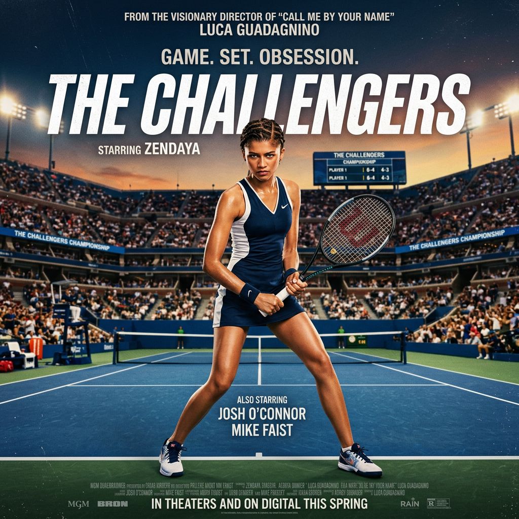 Design a visually stunning film poster for the movie "The Challengers" starring Zendaya who is posing at a tennis court in tennis attire.
