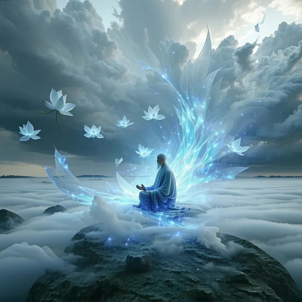 Each word the sage speaks transforms into glowing lotus petals that float skyward.
The gray skies slowly turn blue as the petals drift into the clouds.
 cinematic, realism, hyper realism