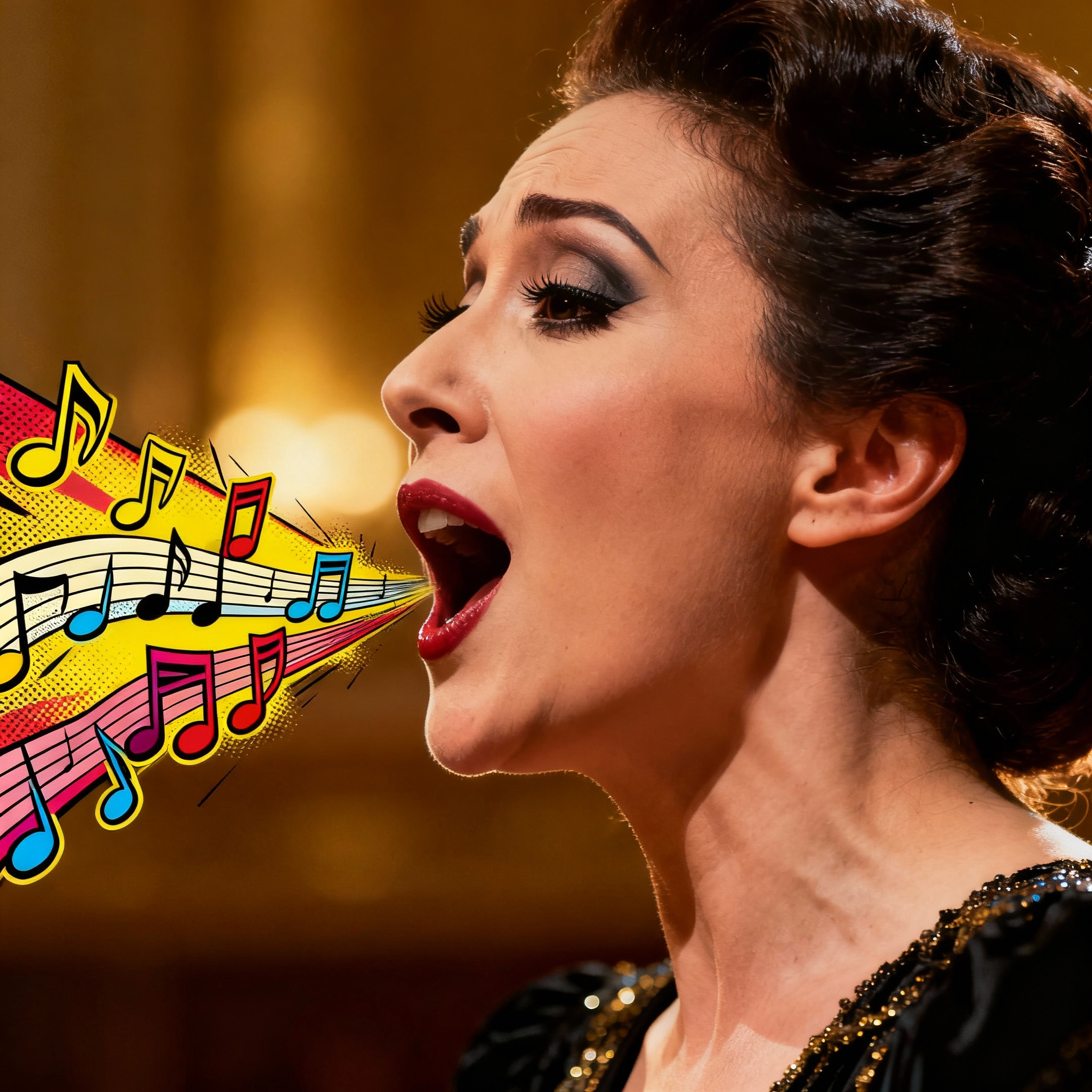 A closeup portrait photo of an Opera Singer as seen from the side. The notes of the opera are appearing out of her mouth like comic text.