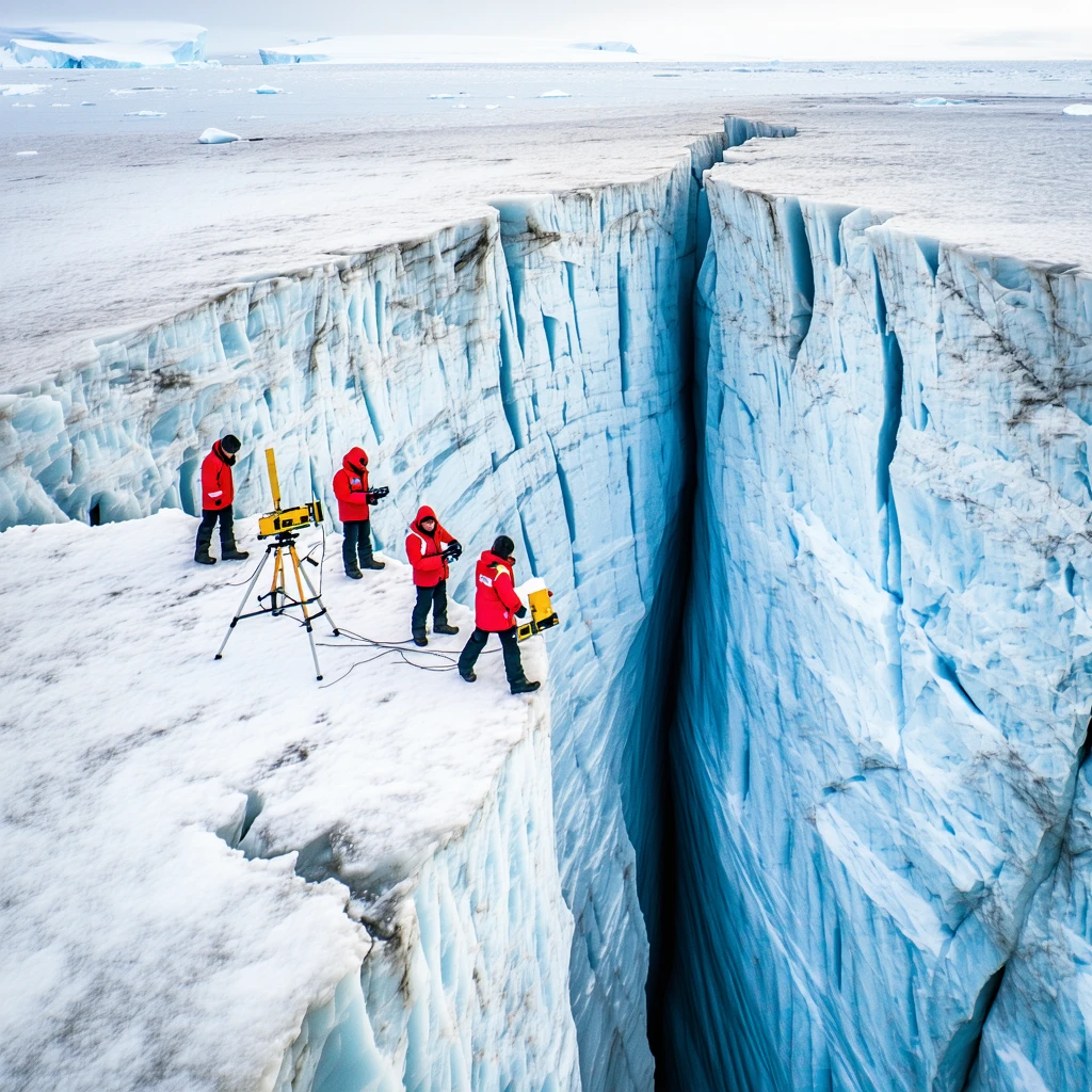 Aerial shot of a massive glacier in Antarctica showing deep cracks and melting ice layers. A group of real scientists in red Arctic jackets stand near the edge, using measuring instruments and ground-penetrating radar. Snow is lightly falling. The sky is overcast with a hint of sunlight breaking through. Photorealistic, 16:9 aspect ratio, documentary-style composition, realistic lighting, cold color grading, no fantasy elements.