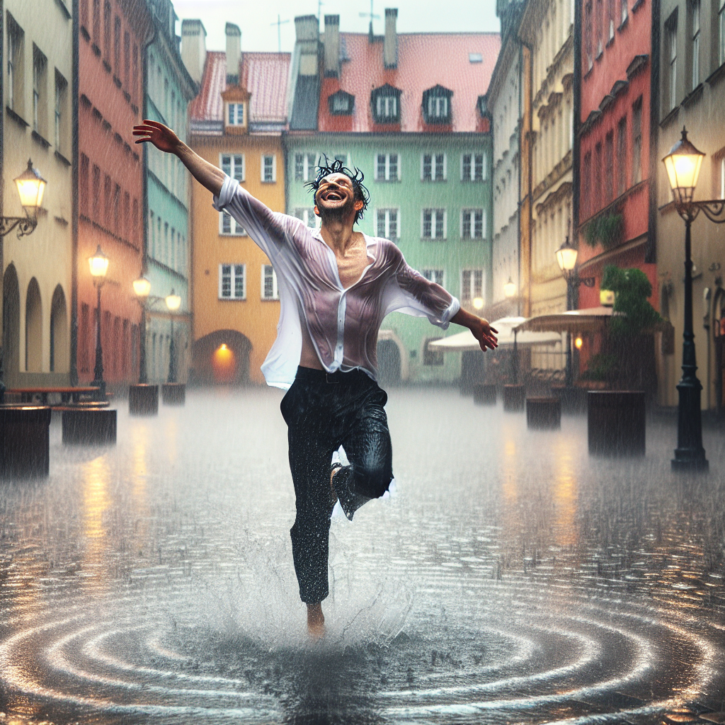 un bailando en la lluvia en una plaza de su barrio