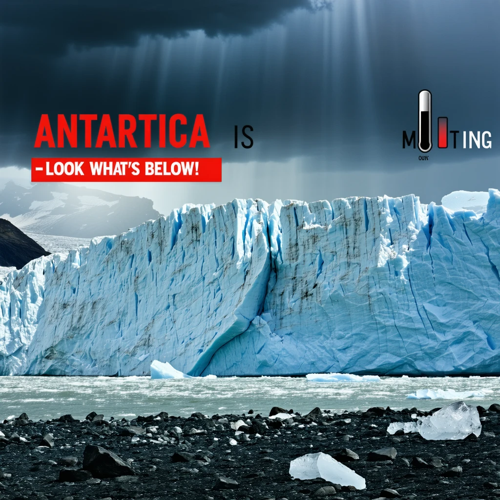 A massive glacier breaking apart with bright red warning signs and rising water flooding a nearby ice research station. Underneath the collapsing ice, ancient bones and buried structures are faintly visible. A thermometer graphic shows extreme temperatures. Dark storm clouds above, with rays of sunlight piercing through. Bold text: “ANTARCTICA IS MELTING – LOOK WHAT’S BELOW!” — dramatic lighting, disaster documentary aesthetic, 16:9 frame, emotional and urgent tone, high detail.