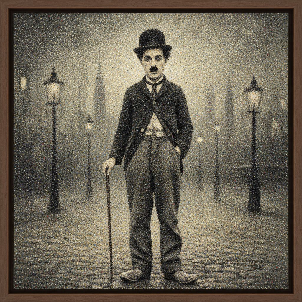 Portrait of Charlie Chaplin. Pointilism style.