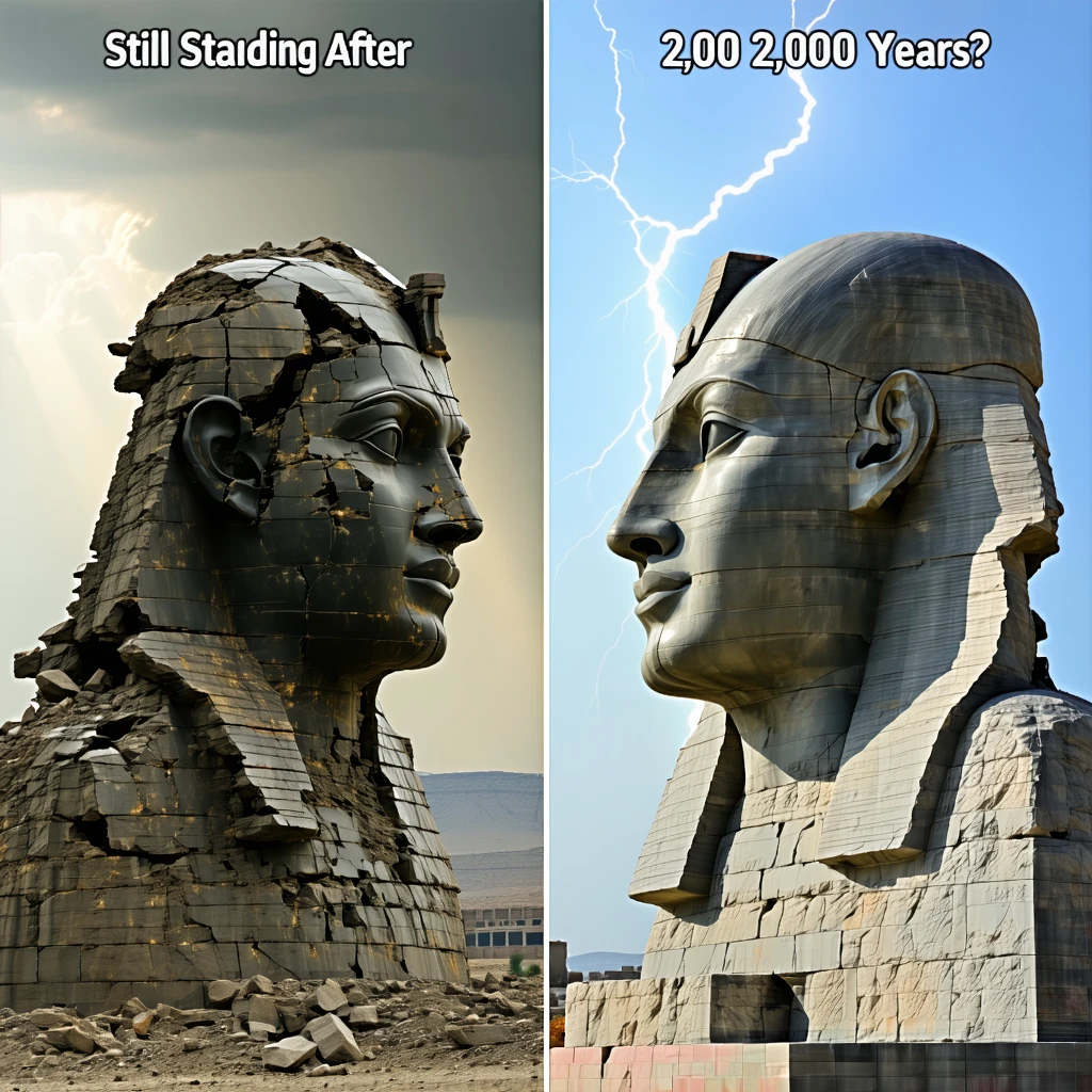 Split image: Left side shows a modern-day earthquake-ravaged city (faded), and the right side shows untouched ancient stone heads on Mount Nemrut. Highlight the contrast. Add a dramatic sky with a lightning bolt in the background. Text at the top: “Still Standing After 2,000 Years?”