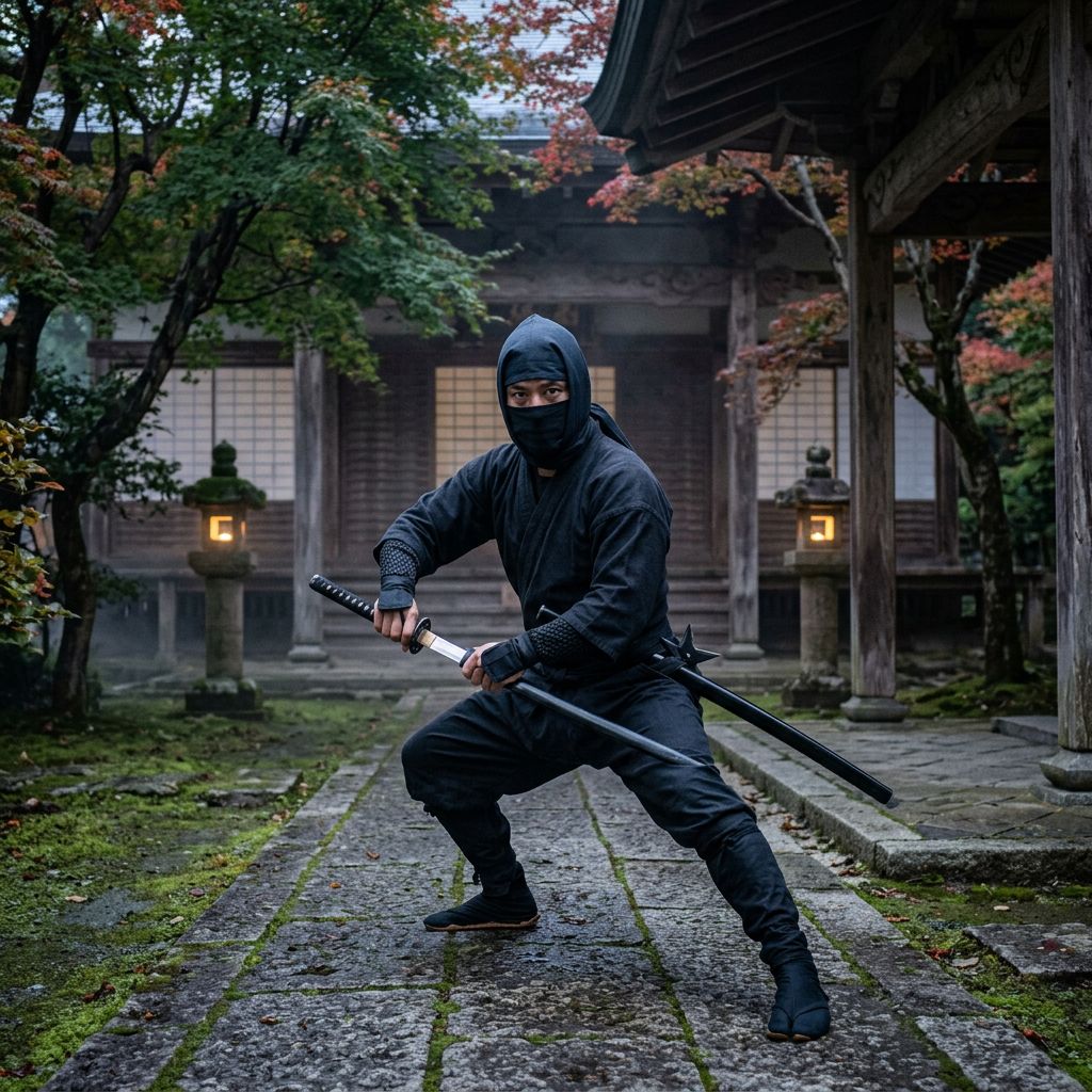 A Japanese ninja posing with katana sword.