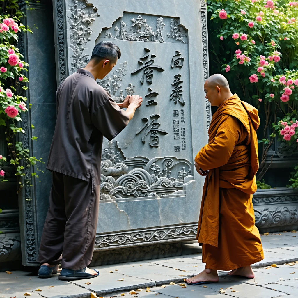 A man tries to carve his name into stone, but it fades with each stroke.
A monk walks by and leaves no mark—but the flowers bloom behind him.
 cinematic, hyper realism, 4k