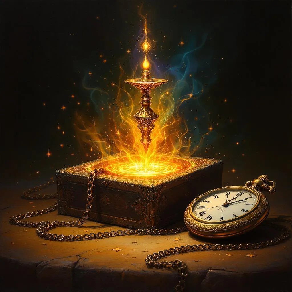 chakram and pocketwatch with magic box, painting