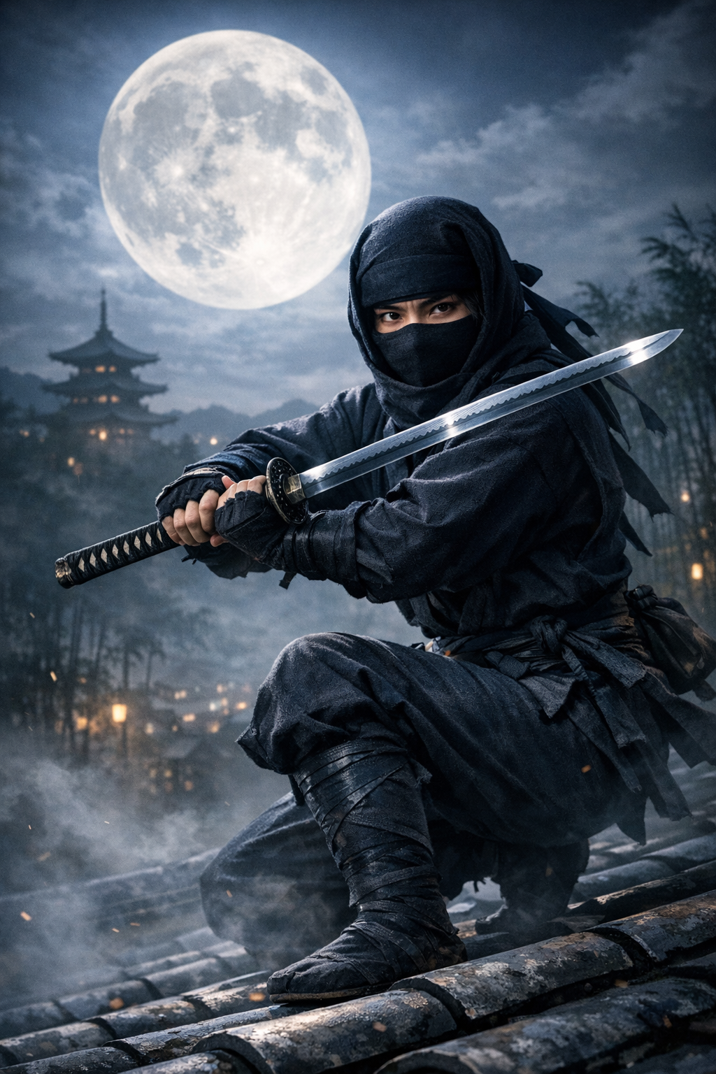 A Japanese ninja posing with katana sword.