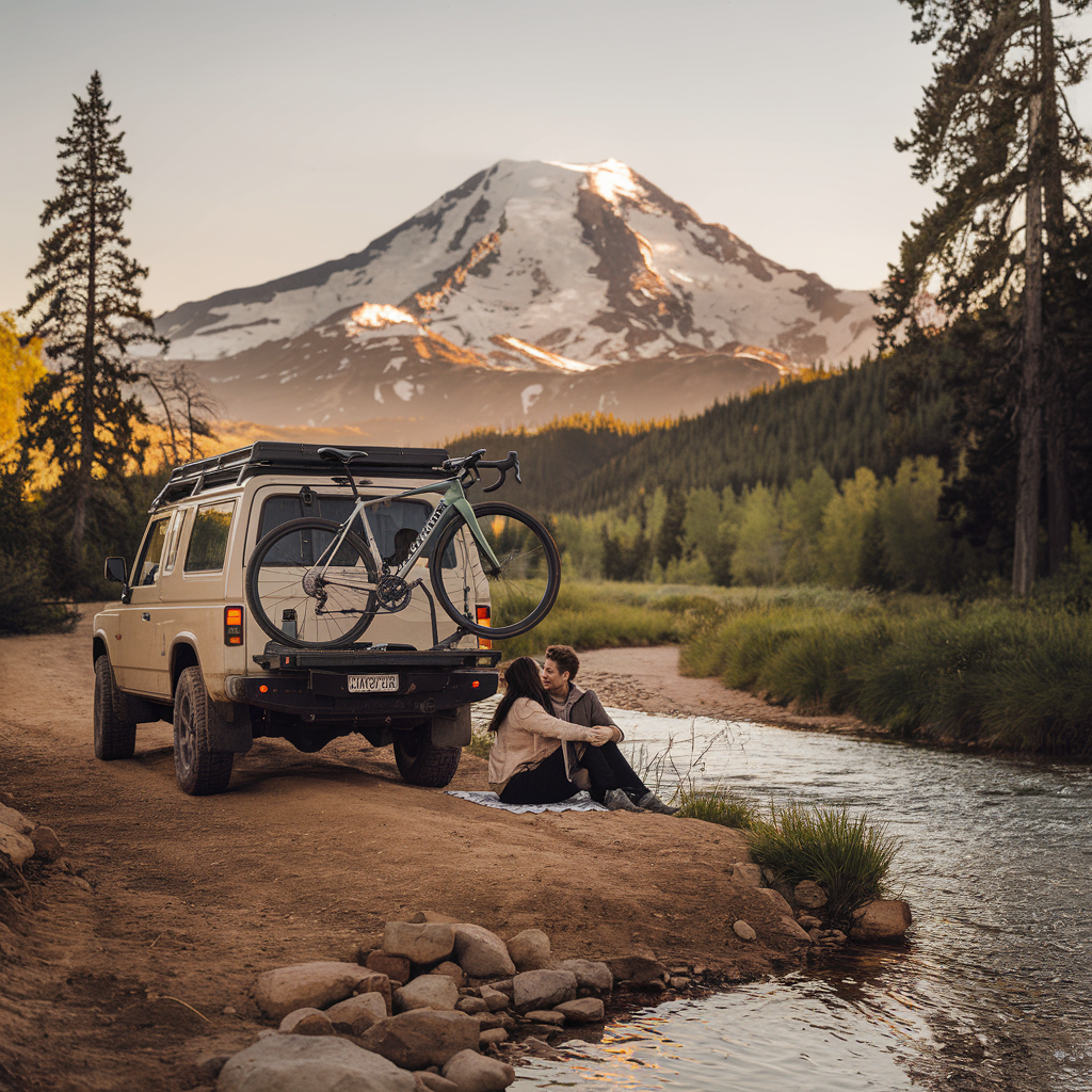 A romantic and adventurous road trip scene featuring an off-road vehicle parked on a rugged dirt path beside a gently flowing river. A bicycle is securely attached to the back of the vehicle, hinting at an adventurous journey. In the background, a majestic snow-capped mountain stands tall, bathed in the golden hues of a breathtaking sunset. Towering trees frame the scene, adding a touch of wilderness. A couple sits near the vehicle—either inside, leaning against it, or sitting on a blanket—sharing a quiet, intimate moment as they take in the beauty of nature. The atmosphere radiates love, freedom, and the thrill of exploration."