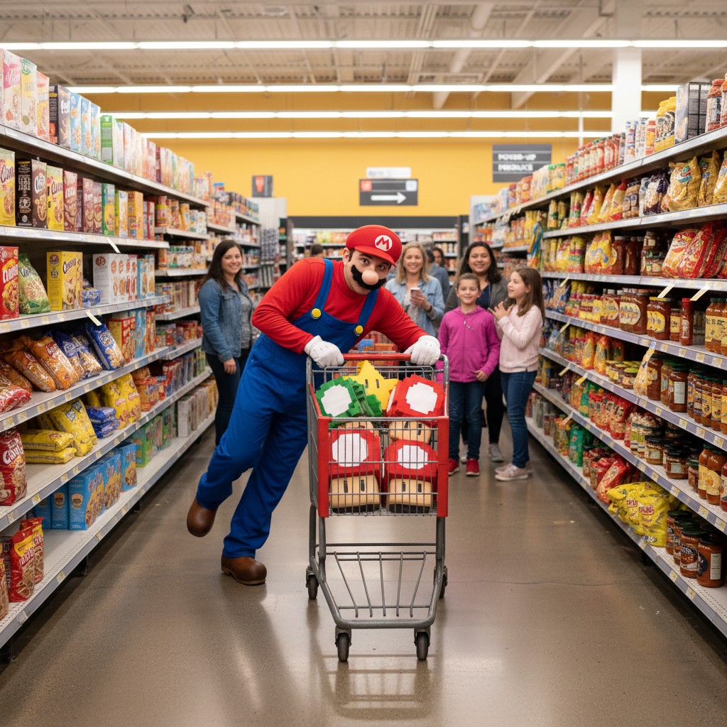 Image of a person cosplaying Mario Superbros at a Supermarket aisle.