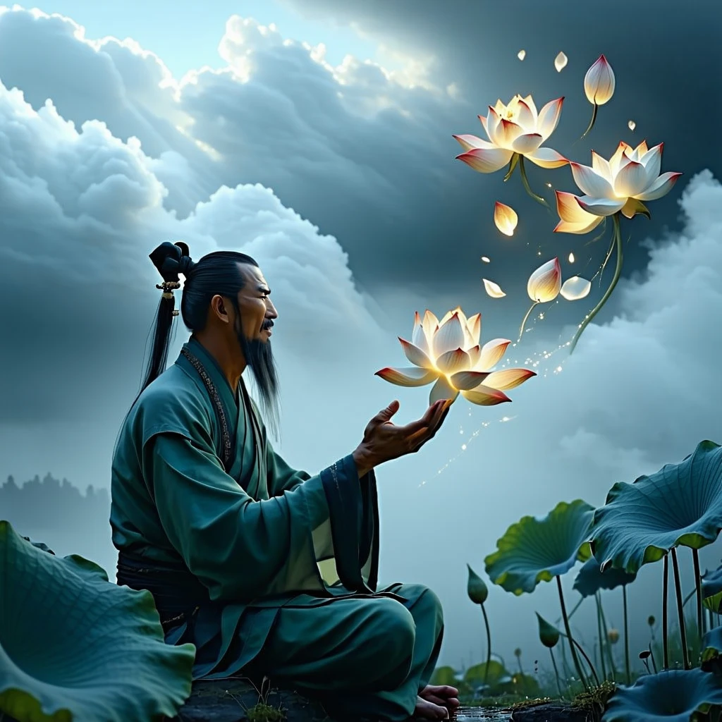 Each word the sage speaks transforms into glowing lotus petals that float skyward.
The gray skies slowly turn blue as the petals drift into the clouds.
 cinematic, realism, hyper realism