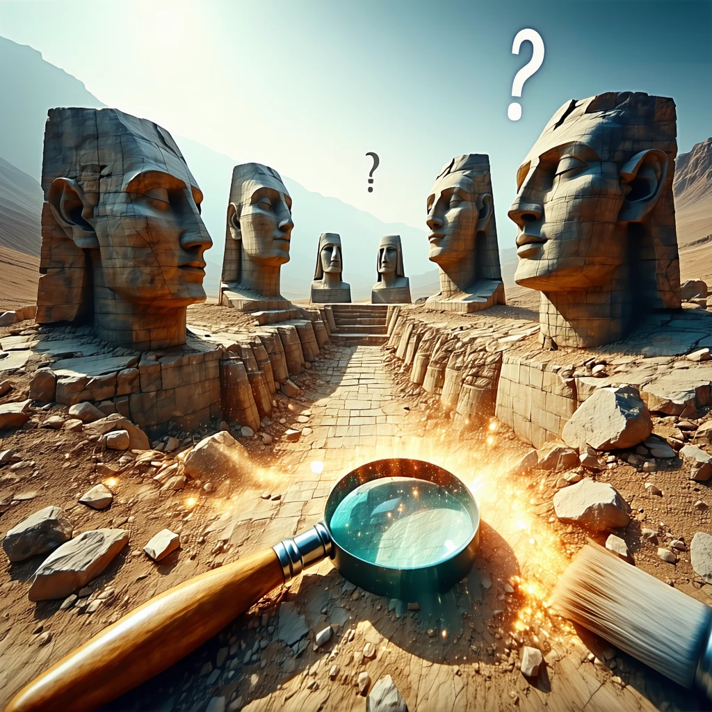 Bird’s-eye view of Mount Nemrut with giant stone heads arranged in a semi-circle, partially buried. Add an archaeological brush and magnifying glass placed near one head to suggest discovery. Include a glowing question mark above the statues. Text: “Ancient Mystery Uncovered!”
