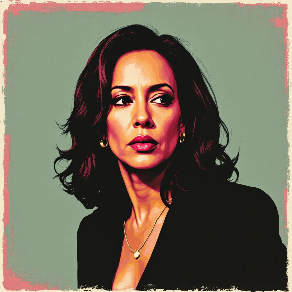 Kamala Harris portrait in Andy Warhol Style, serious look, looking away from the camera.