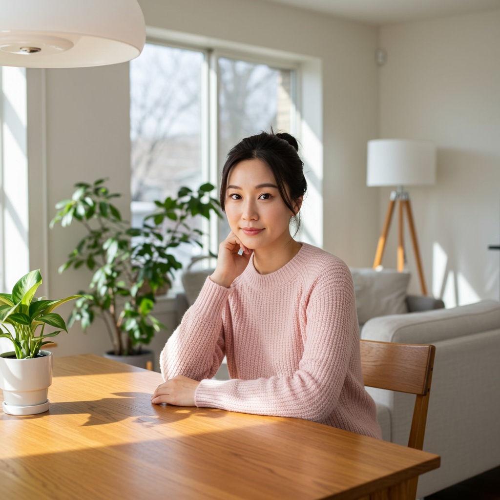 A high-resolution photograph features a young East Asian woman in her thirties seated at a wooden table in a sunlit living room. She confidently looks at the camera, her neatly pulled-back hair and comfortable pastel pink sweater complementing the serene ambiance created by the natural light, neutral-colored walls, and soft furnishings like the plants, sofa, and floor lamp around her.