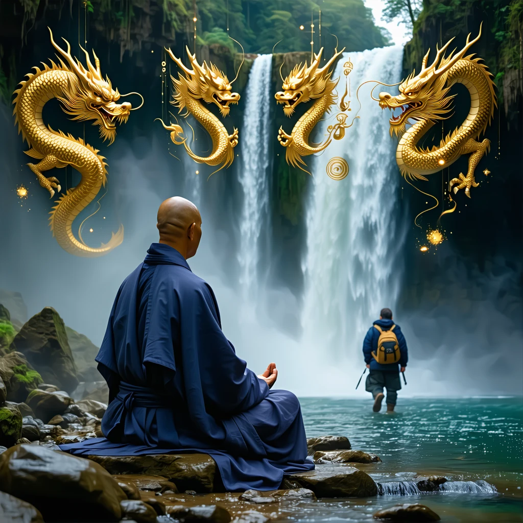 A wise monk meditates near a waterfall as golden symbols rise into the air—representing the four honorable types.
A middle age traveler walks toward the monk, and the mist turns into rising golden dragons of fortune. cinematic, realism, hyper realism