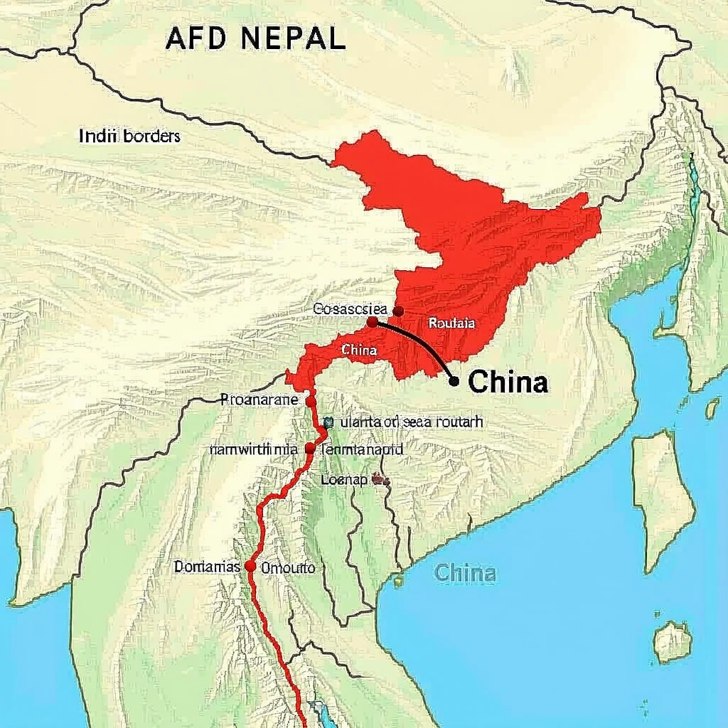 Political map animation showing Nepal in red, highlighting borders with India and China. Show lack of access to sea routes.