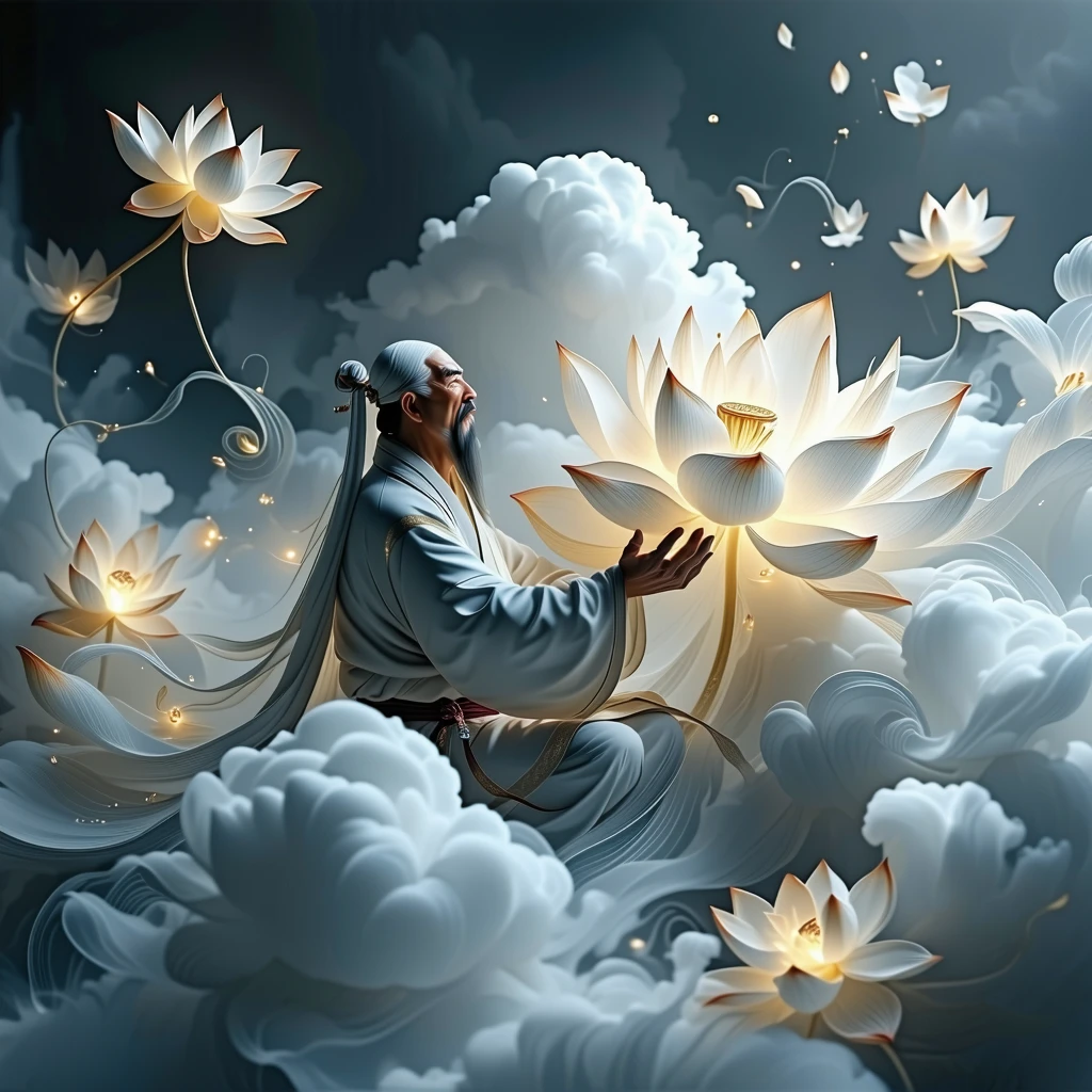Each word the sage speaks transforms into glowing lotus petals that float skyward.
The gray skies slowly turn blue as the petals drift into the clouds.. cinematic, hyper realism