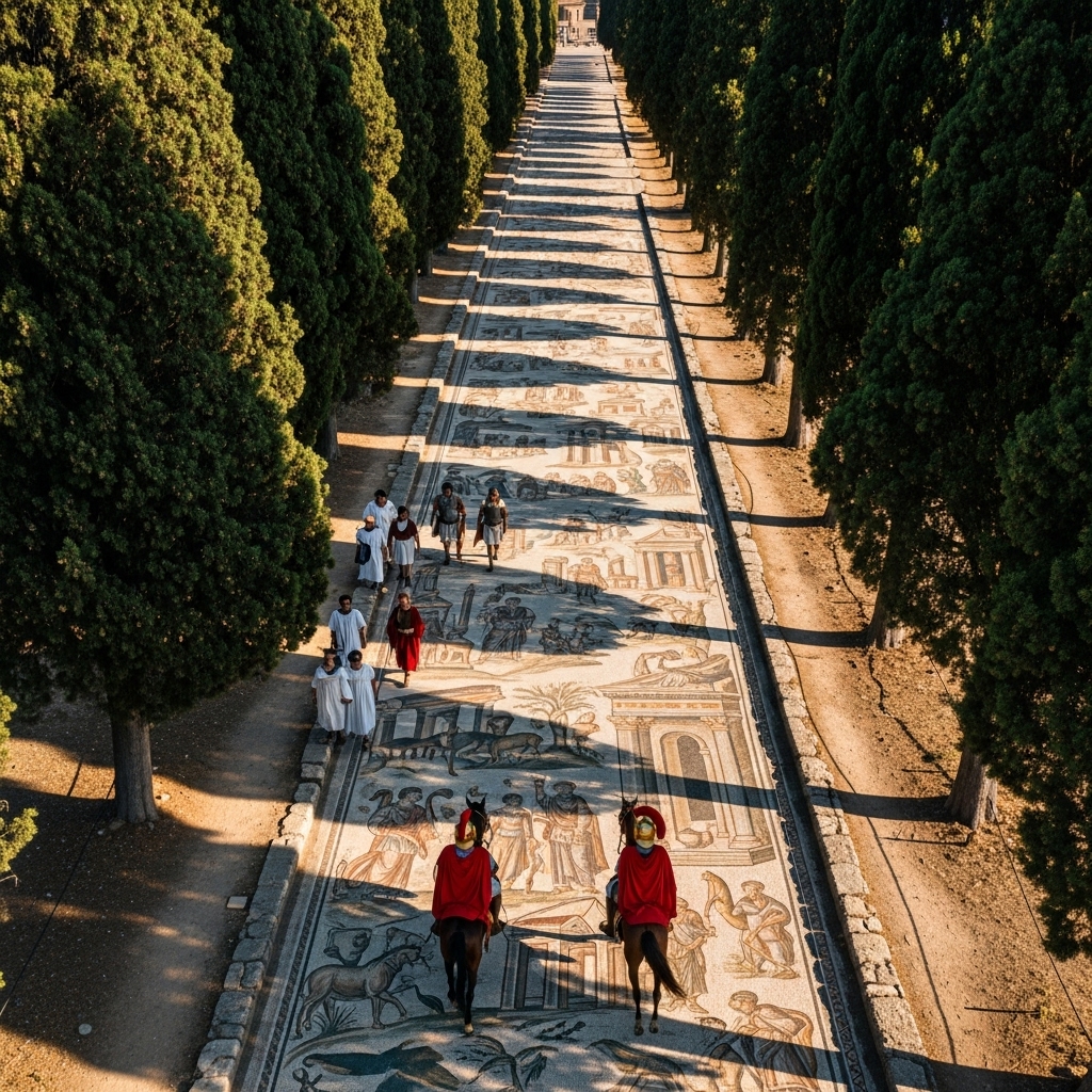 One long ancient Roman mosaic on a ancient Road with a couple of people and couple of Centurions riding their horses on top of it. This is an aerial view and you can see large trees on either side of the road.