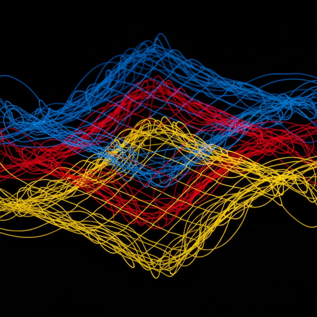 Three layers of thin tendrils: layer one primary yellow color, layer two primary red color, layer three primary blue color. the layers are overlaid one on top of the other and each tendril grid is offset by 45 degrees from the other layers. all layers again a black background.