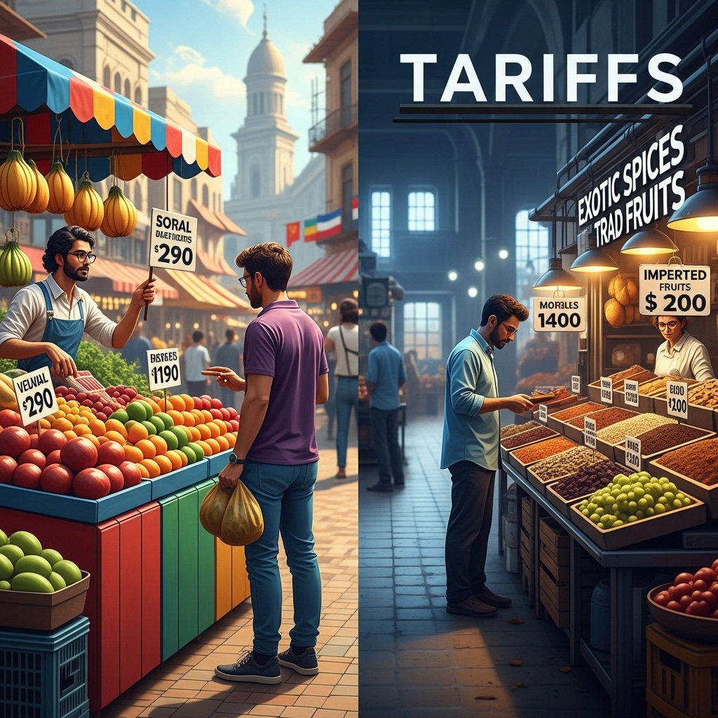 Create a vibrant marketplace scene with two vendors. On the left, a local vendor selling fresh fruits and vegetables at a colorful stall. On the right, a distant vendor selling exotic spices and imported fruits at a more industrial-looking stall. The atmosphere is lively, with customers comparing prices. Include signs showing price differences to highlight the impact of trade tariffs, with a background featuring a mix of local architecture and international influences.
In the background, you have the word TARIFFS spelt out.