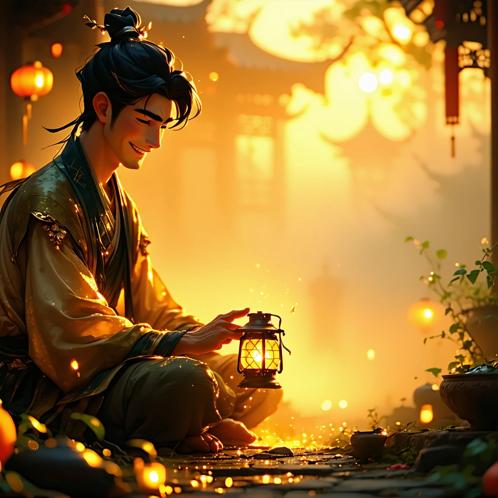 A sorrowful youth listens to the elder; as he smiles, shadows around his heart dissolve into golden mist.
A broken lantern begins to glow gently again. cinematic realism