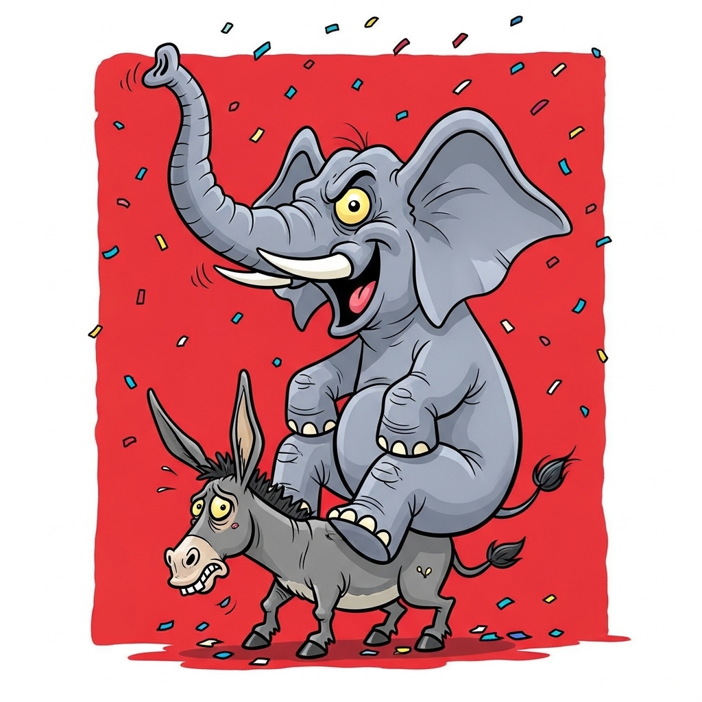 a parody cartoon sketch of the republican party mascot (elephant) stomping on top of the democratic party mascot the donkey depicting the republicans have won against the democrats.