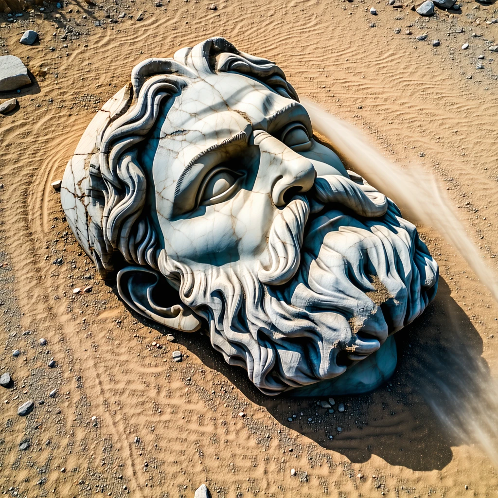 Close-up realistic image of a giant stone head (Zeus or Antiochus) lying sideways on dry, rocky ground. Dust and erosion marks are visible on the surface. The surrounding area is barren, with small stones and sparse vegetation. Overhead light is soft and natural. No fantasy, strictly archaeological realism.