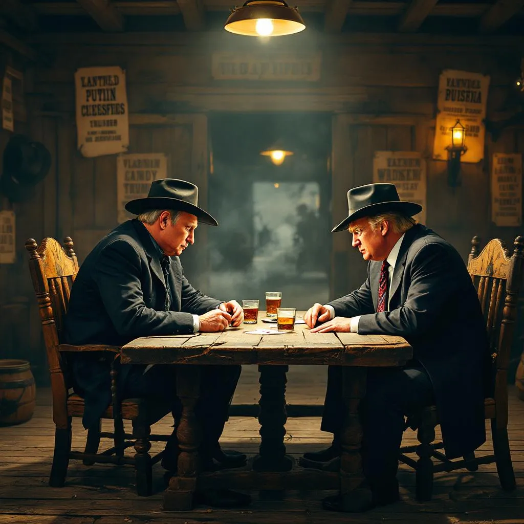 Create a dramatic scene set in a Wild West saloon, where two iconic figures, resembling Vladimir Putin and Donald Trump, are seated at a rustic wooden table. The atmosphere is tense, with a backdrop of cowboy decor, including wanted posters and swinging saloon doors. Both figures are dressed in classic cowboy attire, complete with hats and boots. The lighting is dim, with a spotlight on the table, emphasizing their serious expressions as they discuss a ceasefire. Include elements like whiskey glasses and a poker game in the background to enhance the Western theme.