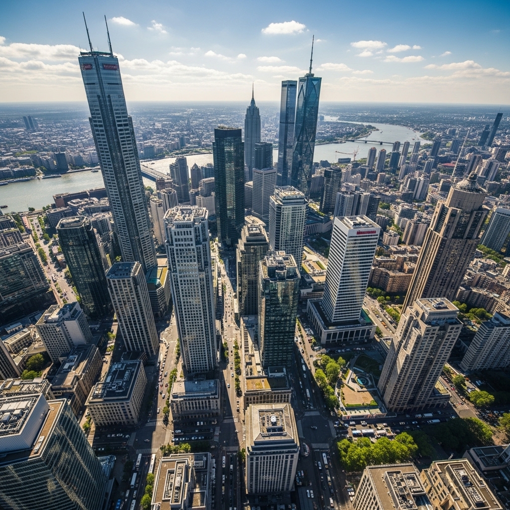An aerial view of a city. You can see the top of many skyscrapers and their spires. It is a day time shot and you can see the river far off behind.