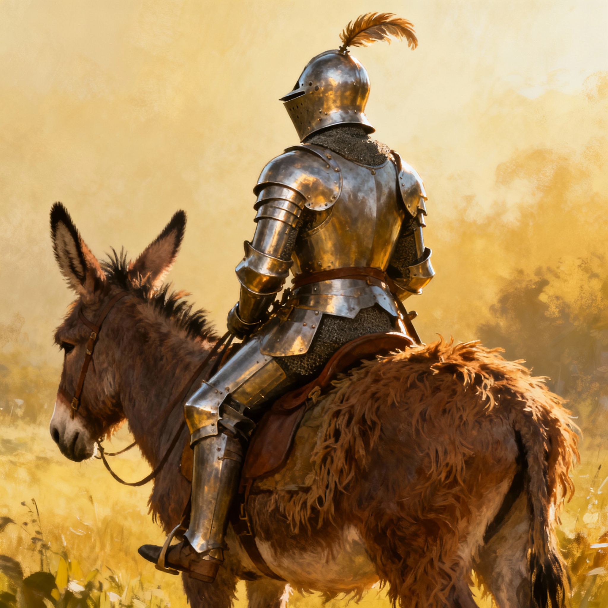 A knight wearing an armor is sitting on top of a donkey. He is facing away from the donkey.