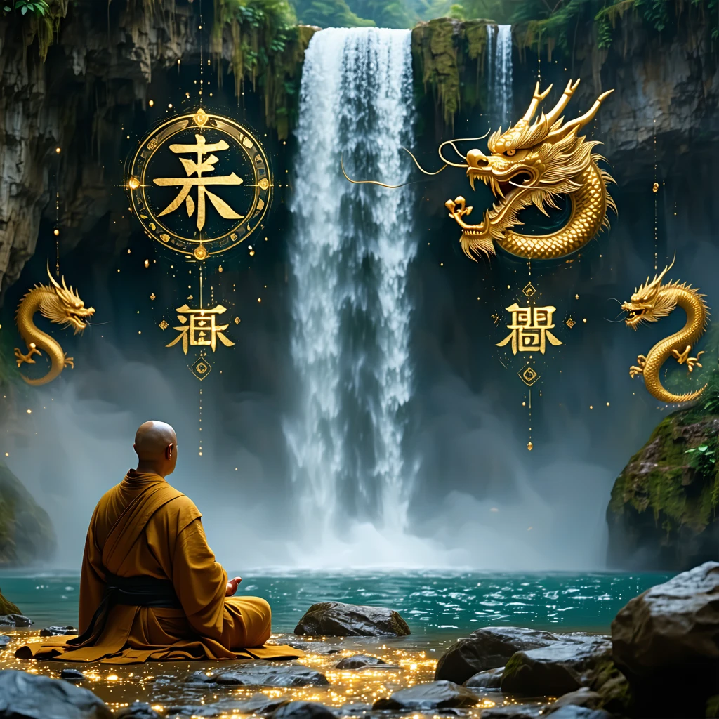 A wise monk meditates near a waterfall as golden symbols rise into the air—representing the four honorable types.
A middle age traveler walks toward the monk, and the mist turns into rising golden dragons of fortune. cinematic, hyper realism