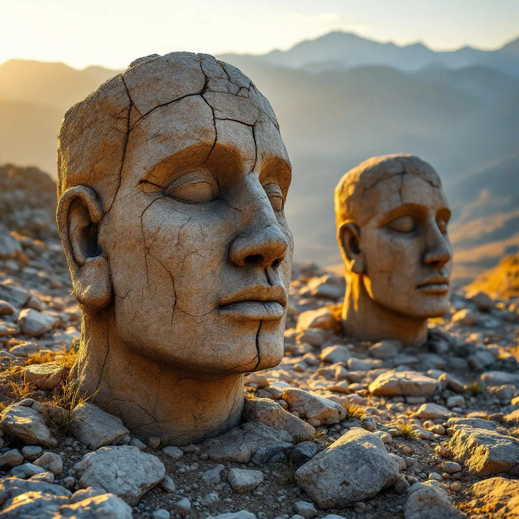 Realistic photo of ancient stone heads on Mount Nemrut, Turkey, taken at sunrise. The statues are weathered and cracked, partially buried in rocky ground. Golden sunlight casts long shadows across the gravel. The background shows the Taurus Mountains and a clear sky with warm tones. Natural lighting, no fantasy elements, historical documentary style.