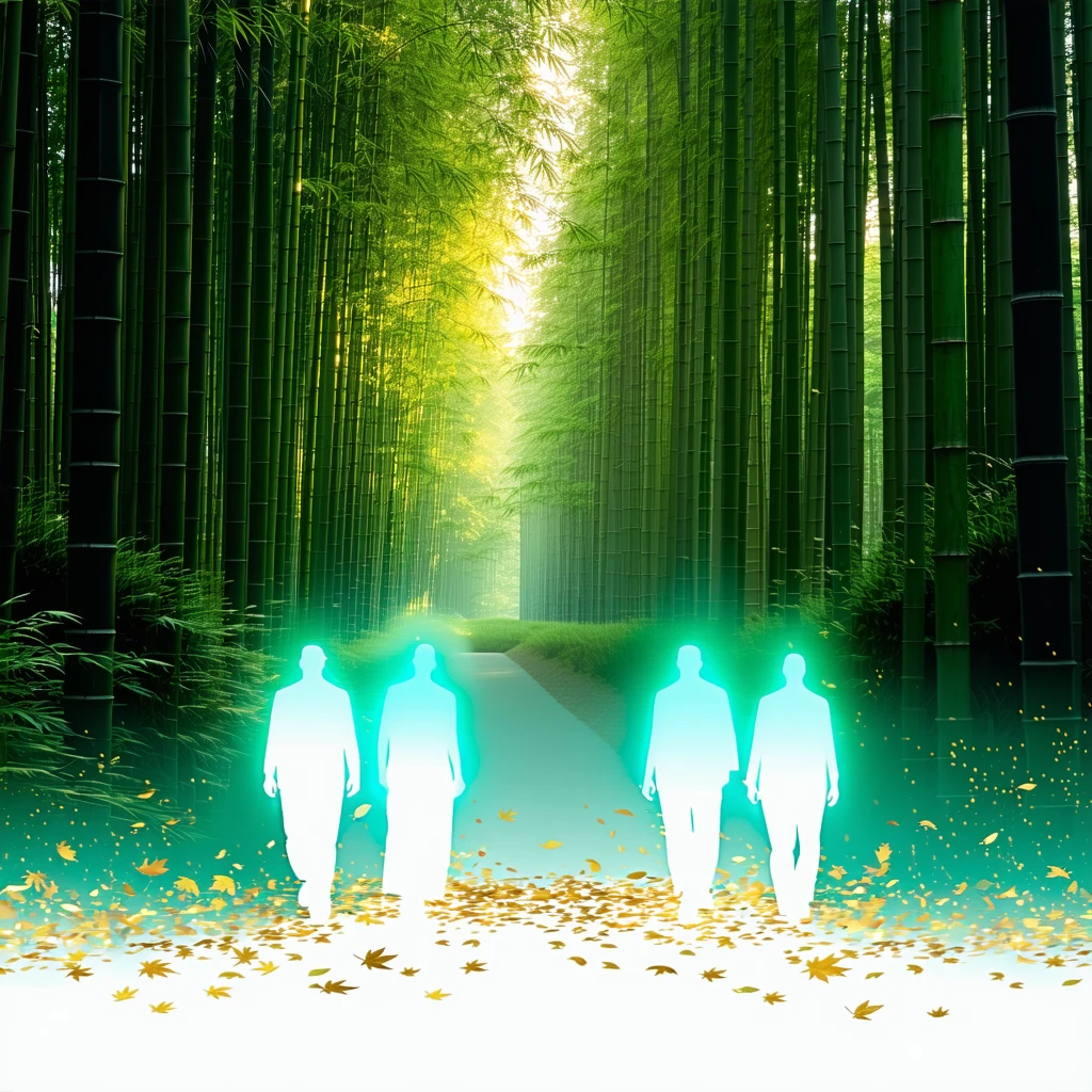 A person walking alongside the four glowing silhouettes through a serene bamboo forest, golden leaves swirling around, symbolic of rising luck and prosperity.