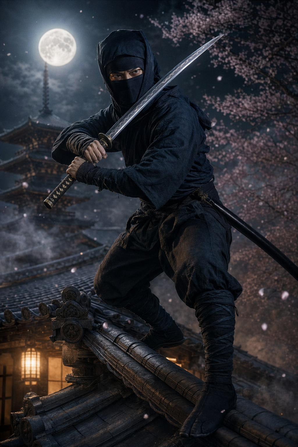 A Japanese ninja posing with katana sword.