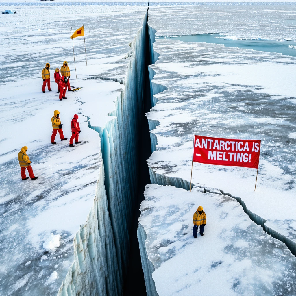 A high-resolution aerial photograph of a massive crack forming in the Antarctic ice sheet, revealing layers of ancient ice and sediment. Near the crack, a group of real-life scientists in red and yellow cold-weather gear are inspecting the area, with scientific equipment like ground-penetrating radar and flags marking locations. A distant research station is visible under gray, stormy clouds. The ocean is partially frozen. Overlay the text in bold white and red: “ANTARCTICA IS MELTING – LOOK WHAT'S BELOW!” — realistic photojournalism style, 16:9 aspect ratio, Discovery Channel or BBC Earth documentary feel, natural lighting, dramatic but factual composition.