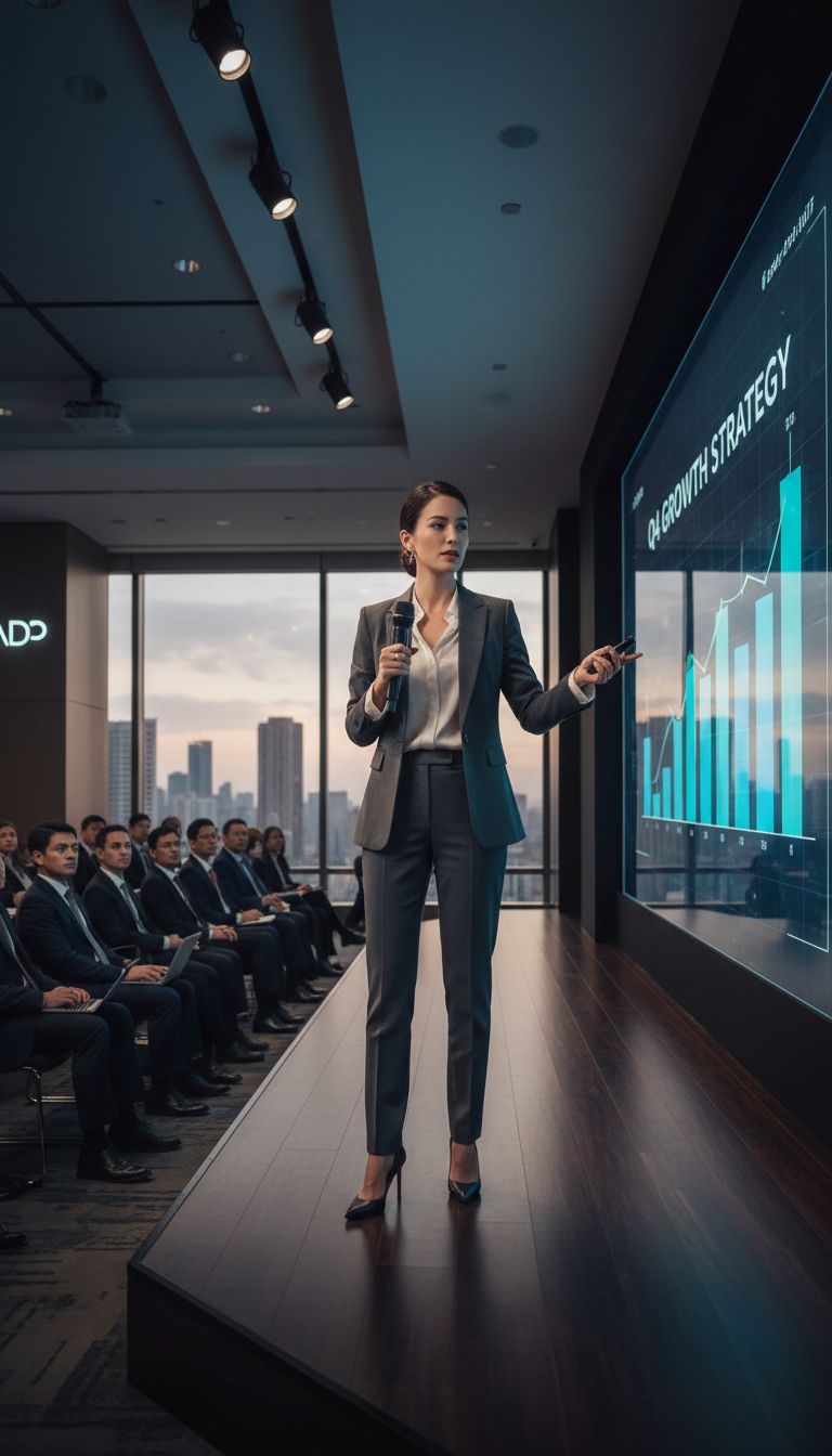 Image of a woman dressed in formal attire giving a corporate presentation on a stage.