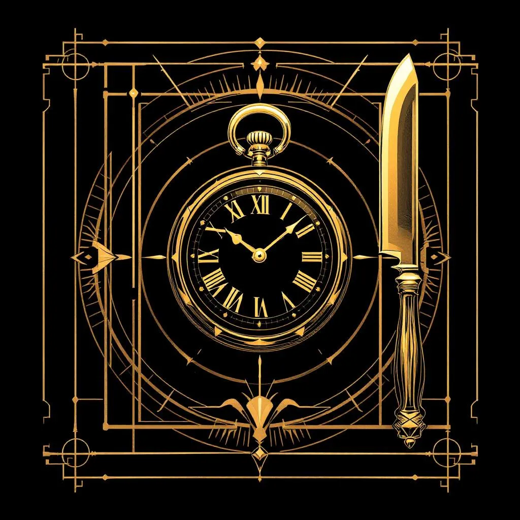 gilded art deco lines on black background with glowing open pocket watch and curved knife