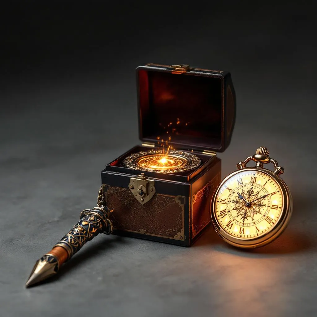 Chakram weapon and glowing pocket watch with magic box