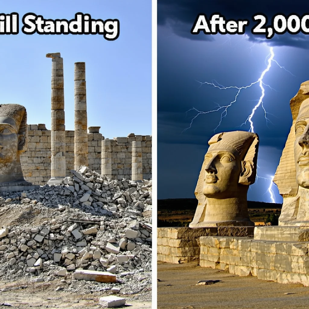 Split image: Left side shows a modern-day earthquake-ravaged city (faded), and the right side shows untouched ancient stone heads on Mount Nemrut. Highlight the contrast. Add a dramatic sky with a lightning bolt in the background. Text at the top: “Still Standing After 2,000 Years?”