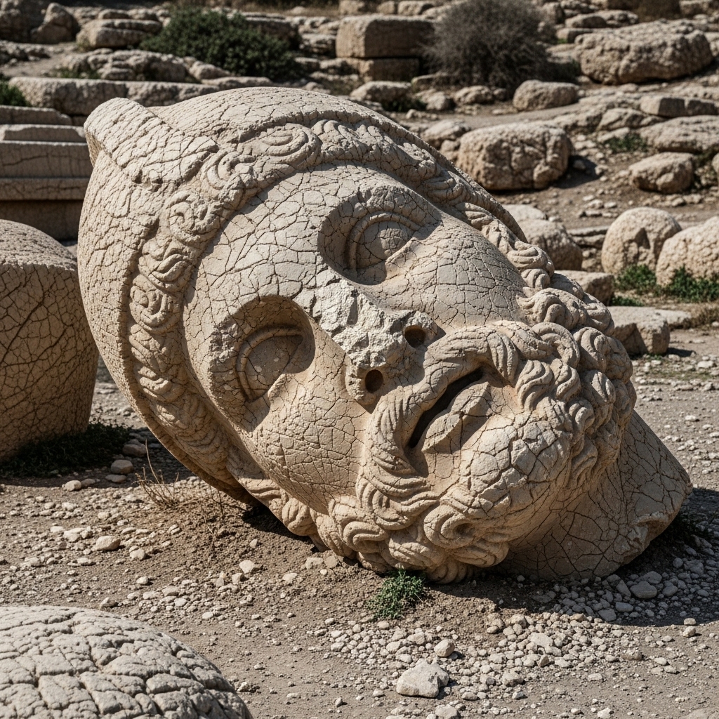Close-up realistic image of a giant stone head (Zeus or Antiochus) lying sideways on dry, rocky ground. Dust and erosion marks are visible on the surface. The surrounding area is barren, with small stones and sparse vegetation. Overhead light is soft and natural. No fantasy, strictly archaeological realism.