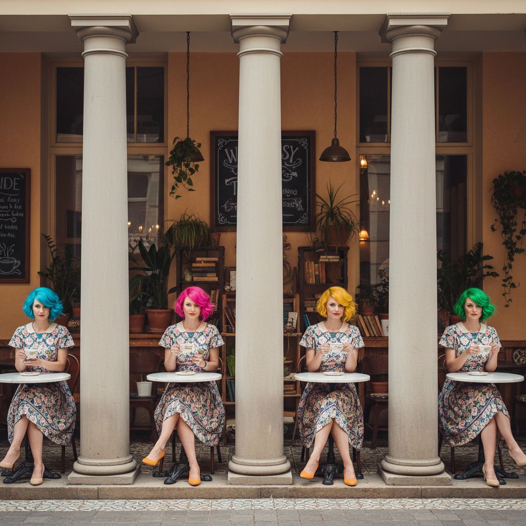 Generate an image of 4 columns where a woman is seated at a cafe. The same woman in the same pose has 4 different hair colors. Use quirky but real colors.