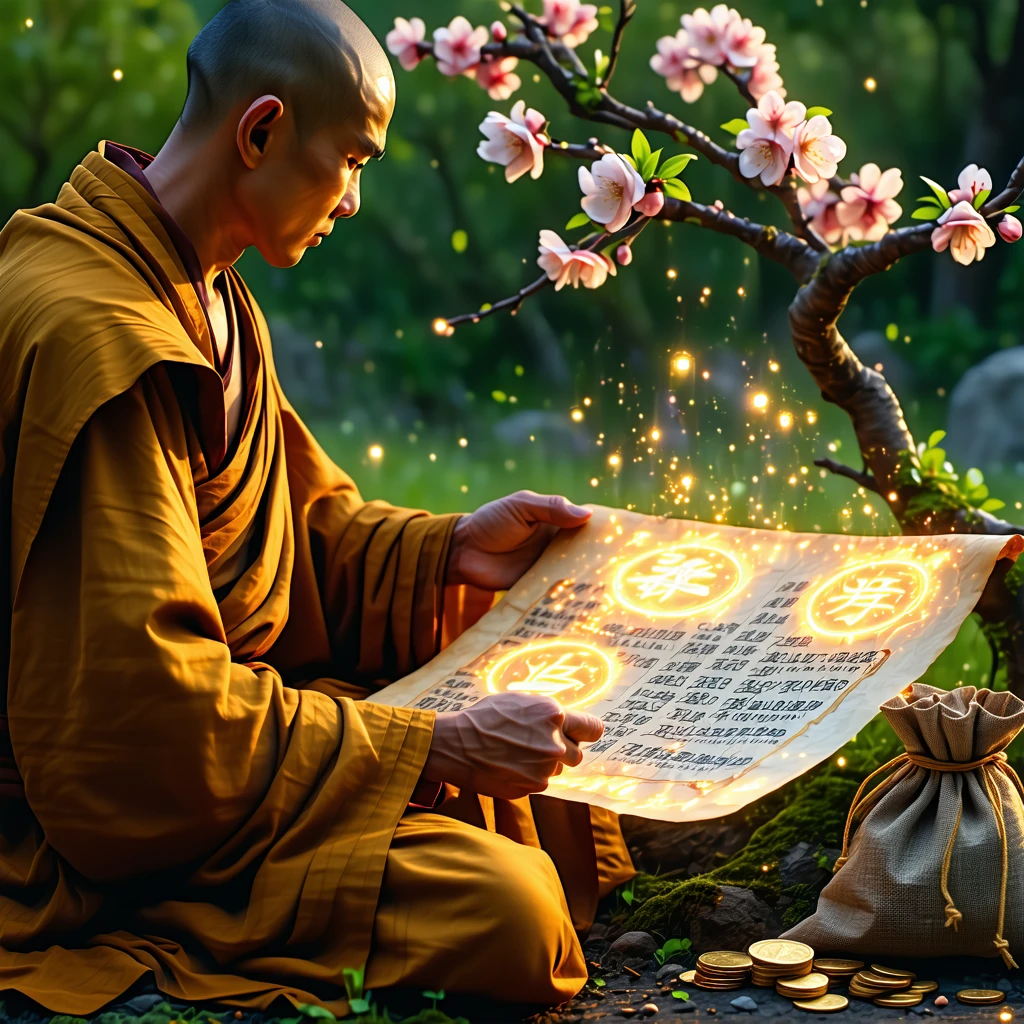 A monk opens an ancient scroll—two glowing symbols appear: “action” and “value.”
A bag of coins sits untouched beside a blooming tree.
 cinematic, hyper realism, 4k