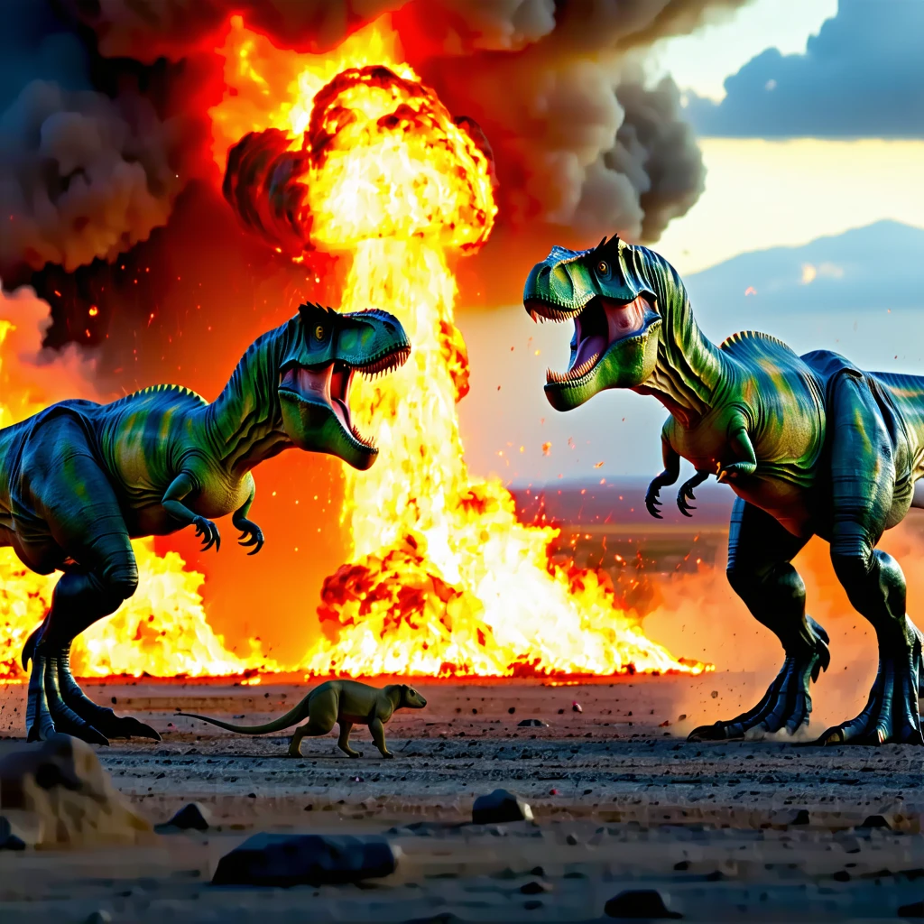 Generate a video of Four T-Rex Dinosaurs Battling on a firery plain with a flaming meteor about to hit the ground. A warm blooded mammal runs quickly through the legs of the T-Rex’s.