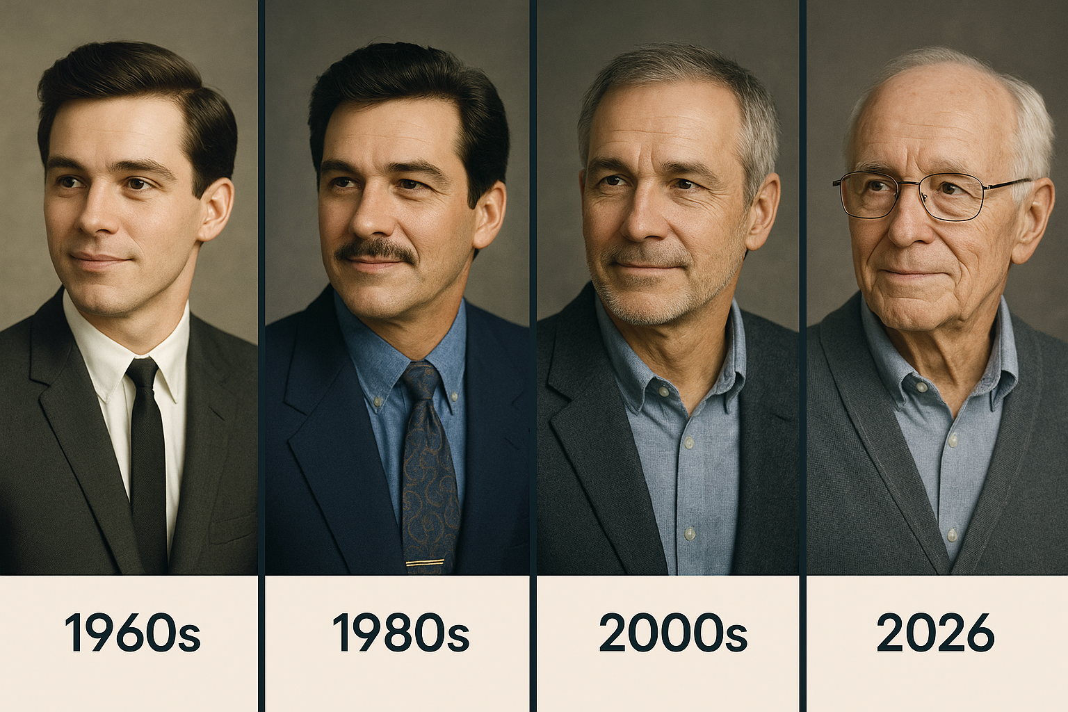 Split image of the same man in 1960s, 1980s, 2000s, 2026. Against the same background in all the images.