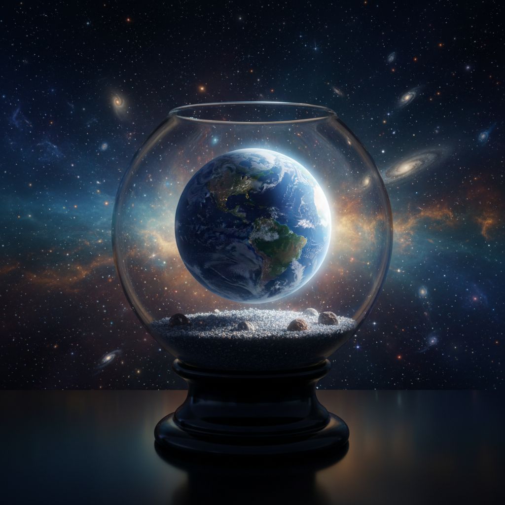 A fishbowl image of the earth from space.