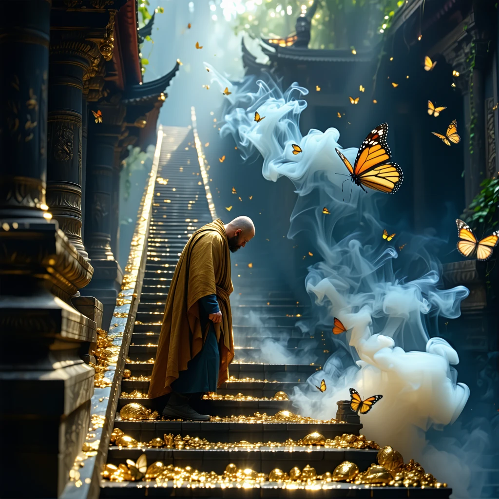 A greedy man climbs a ladder made of gold, but the rungs dissolve into smoke.
He falls as butterflies fly past him toward a quiet shrine.


 cinematic, hyper realism, 4k